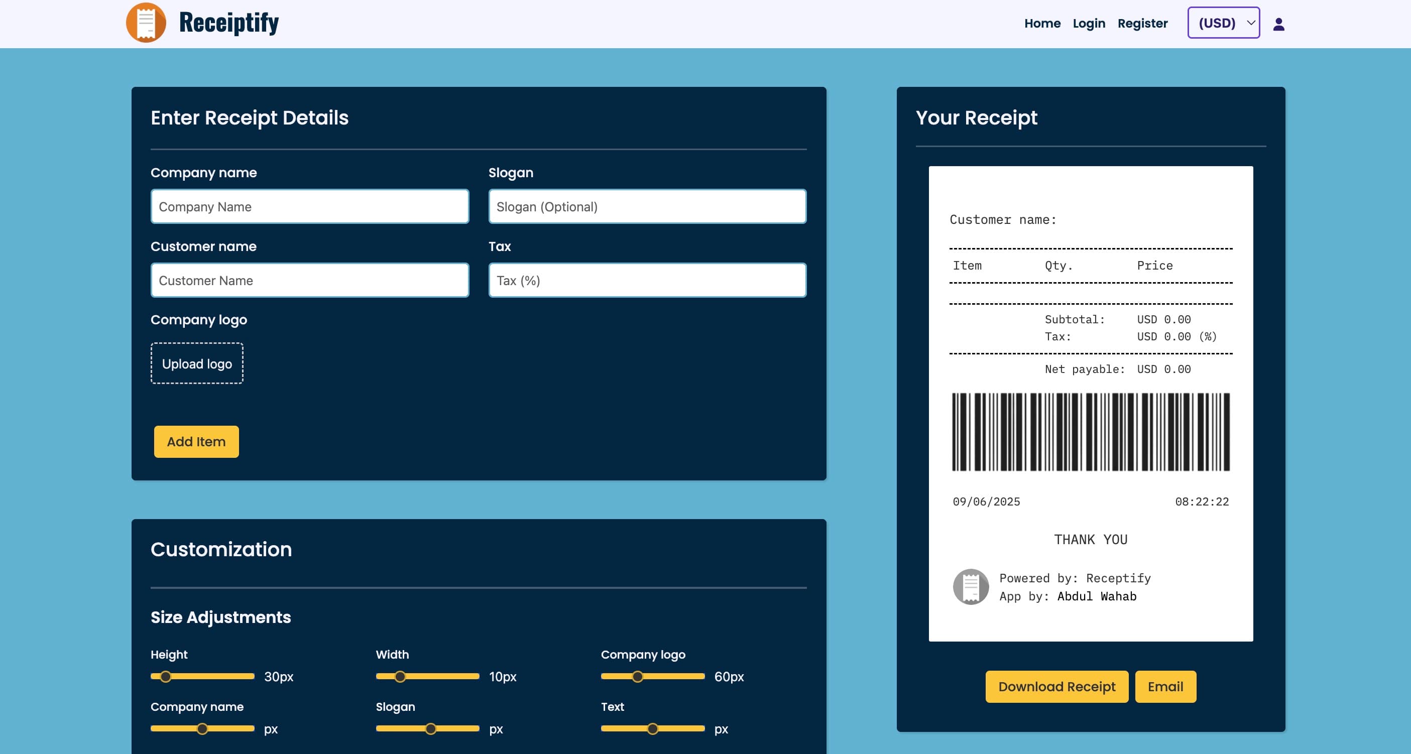 Receiptify - Custom Receipt Generator Web App